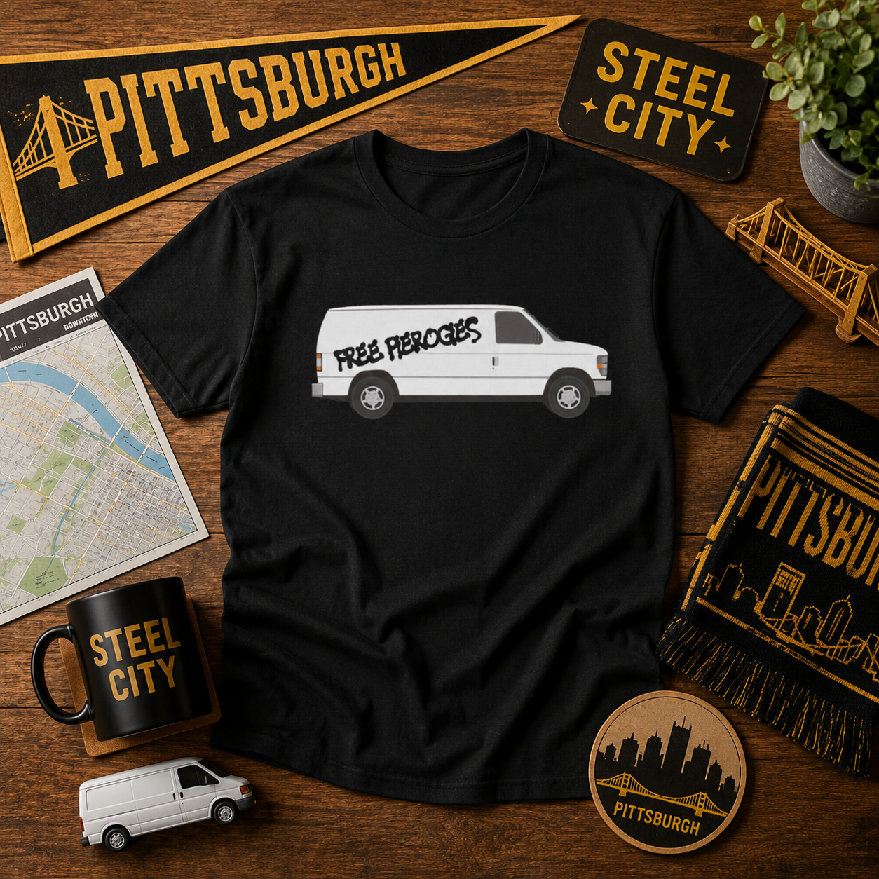 Free Pierogies White Van T-Shirt | Pittsburgh Pierogi Humor Tee | Yinzer Joke PGH Shirt