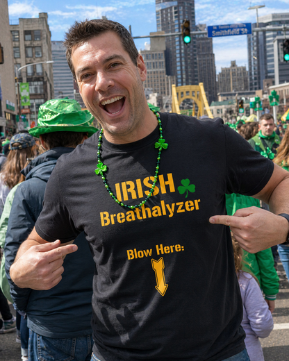 Irish Breathalyzer Blow Here T-Shirt | Funny St Patricks Day Pittsburgh Yinzer Shirt | Steelers Style Font Parody | Irish Drinking Tee