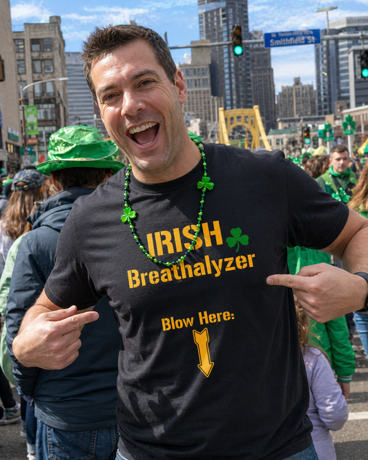 Irish Breathalyzer Blow Here T-Shirt | Funny St Patricks Day Pittsburgh Yinzer Shirt | Steelers Style Font Parody | Irish Drinking Tee