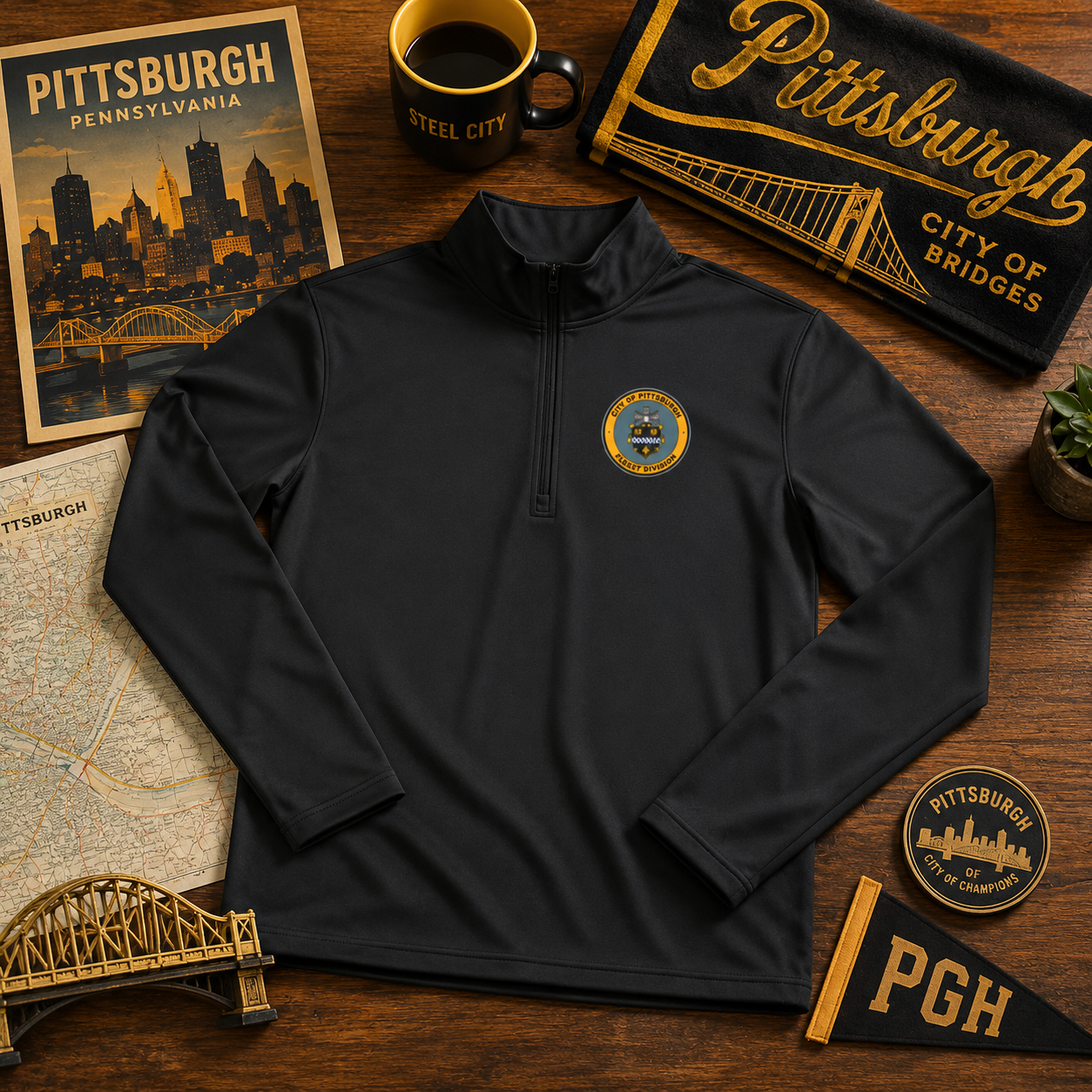 Jagoff Division 1/4 Zip Pullover City of Pittsburgh Emblem Left Chest | Funny PGH Quarter Zip | Steel City Gift | Yinzer Gear
