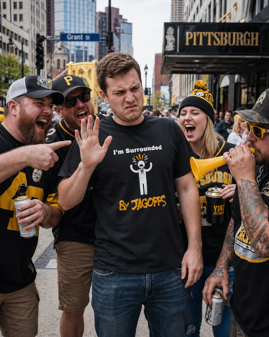 Im Surrounded by Jagoffs Shirt, Funny Pittsburghese Tee, Yinzer Humor T Shirt, Sarcastic Pittsburgh Gift, Stressed Stick Figure Graphic Tee