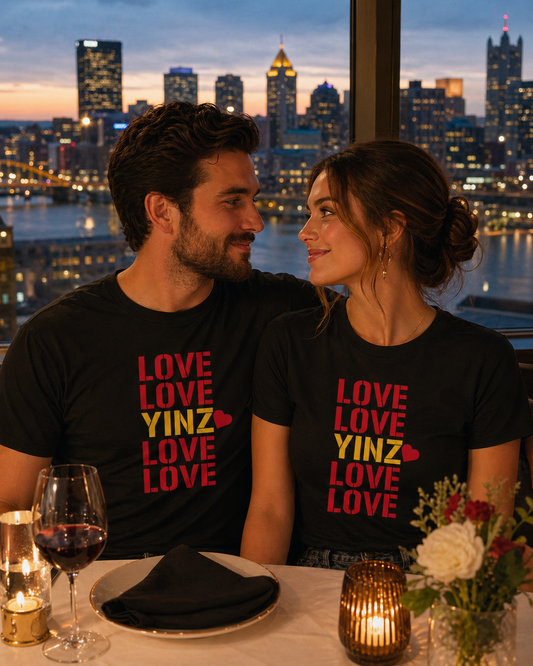 LOVE YINZ T-Shirt with Heart | Pittsburghese Yinzer Tee | PGH Pride Shirt | Black & Gold Love | Pittsburgh Gift