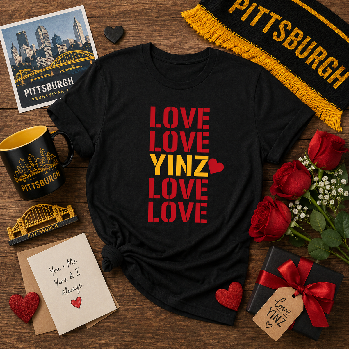 LOVE YINZ T-Shirt with Heart | Pittsburghese Yinzer Tee | PGH Pride Shirt | Black & Gold Love | Pittsburgh Gift