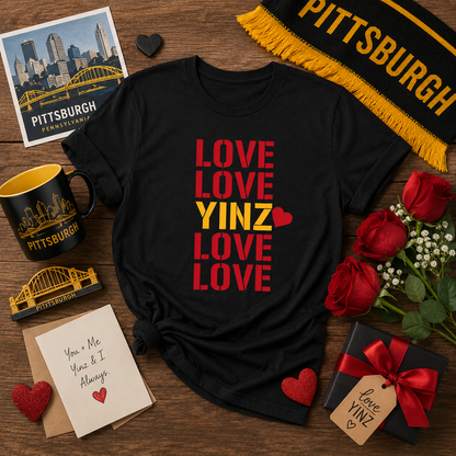 LOVE YINZ T-Shirt with Heart | Pittsburghese Yinzer Tee | PGH Pride Shirt | Black & Gold Love | Pittsburgh Gift