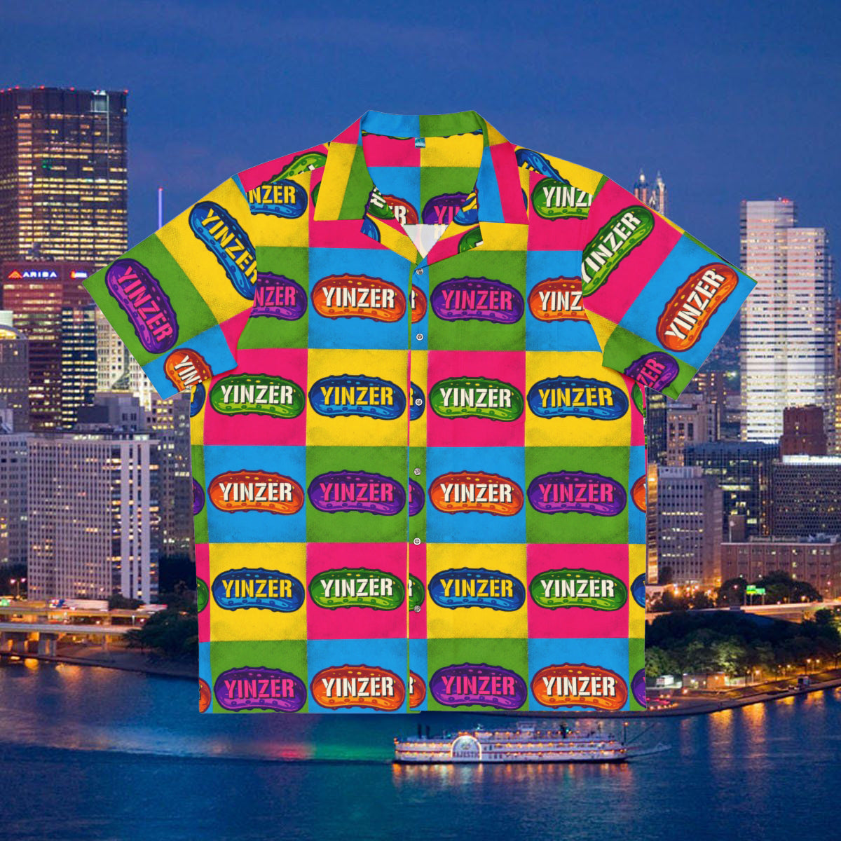 Yinzer Pickle Hawaiian Shirt, Pittsburgh Pop Art Button Up, Funny Pittsburghese Vacation Shirt, Pickle Pattern Party Top