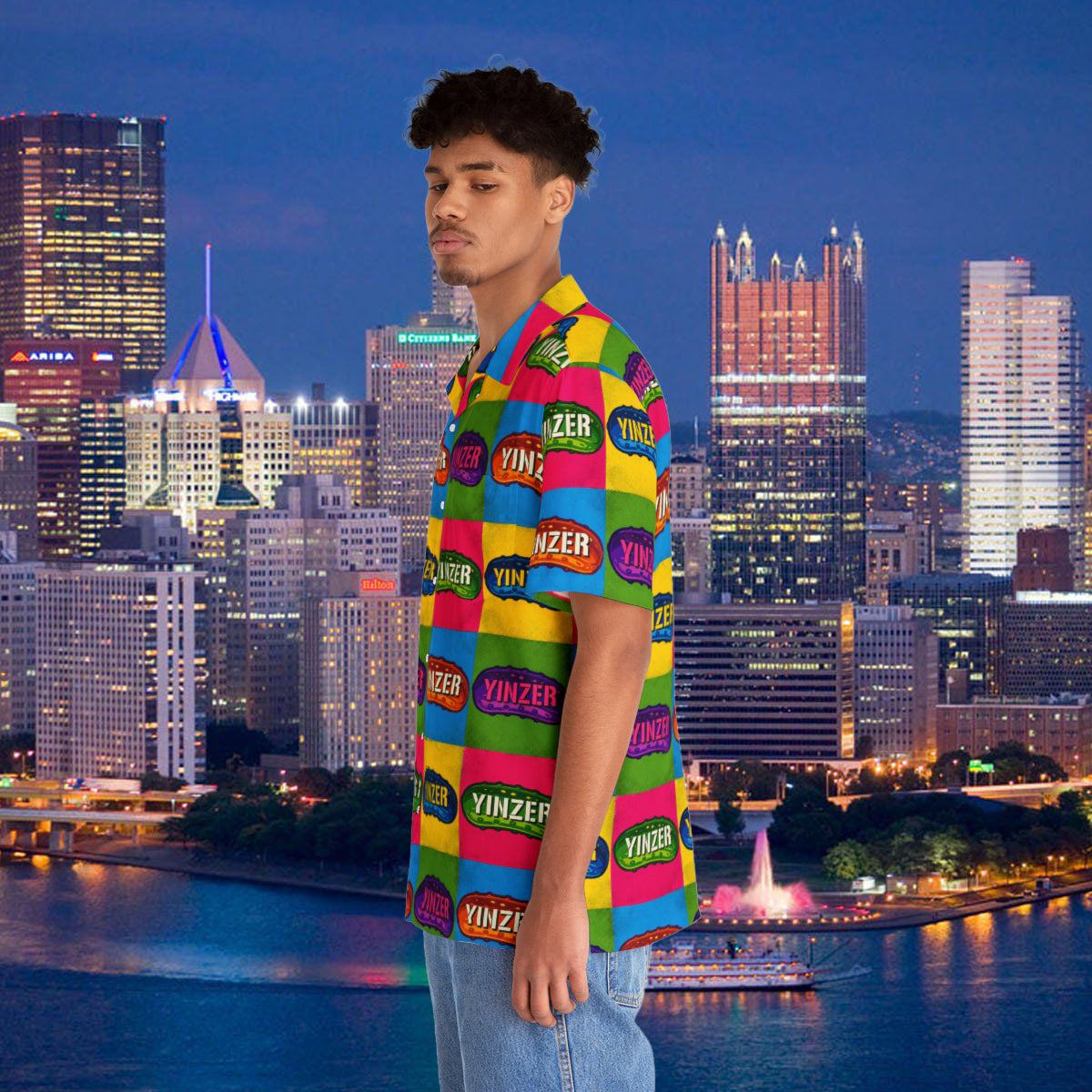 Yinzer Pickle Hawaiian Shirt, Pittsburgh Pop Art Button Up, Funny Pittsburghese Vacation Shirt, Pickle Pattern Party Top