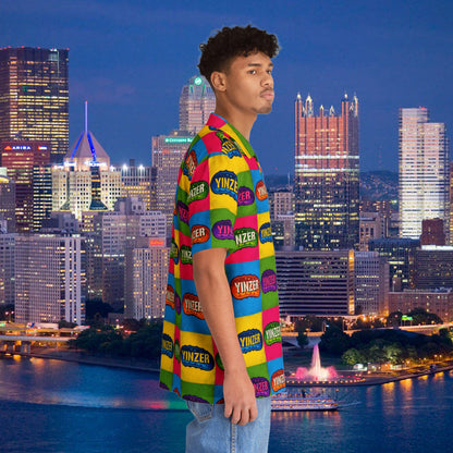 Yinzer Pickle Hawaiian Shirt, Pittsburgh Pop Art Button Up, Funny Pittsburghese Vacation Shirt, Pickle Pattern Party Top