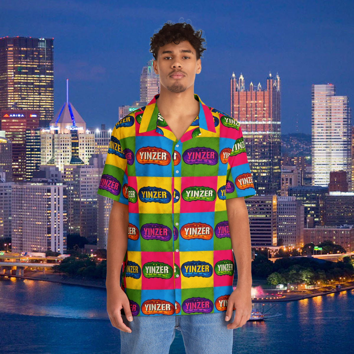 Yinzer Pickle Hawaiian Shirt, Pittsburgh Pop Art Button Up, Funny Pittsburghese Vacation Shirt, Pickle Pattern Party Top