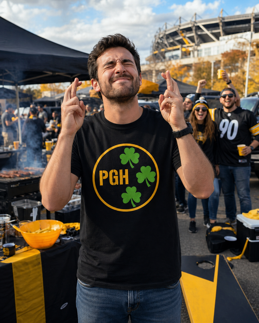 PGH Shamrock Circle T-Shirt | Pittsburgh Irish Pride Tee | Steel City Parody Logo Style | St Patricks Day Shirt
