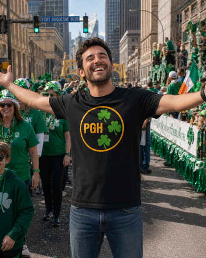 PGH Shamrock Circle T-Shirt | Pittsburgh Irish Pride Tee | Steel City Parody Logo Style | St Patricks Day Shirt