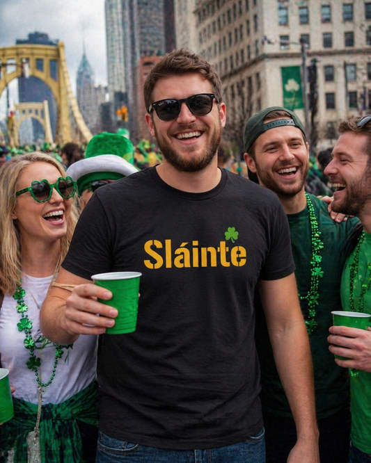 Sláinte Shamrock Pittsburgh Style T-Shirt | Yinzer Irish Pride Tee | Black & Gold Game Day Vibe Shirt | St Patricks Day Pittsburgh Gift