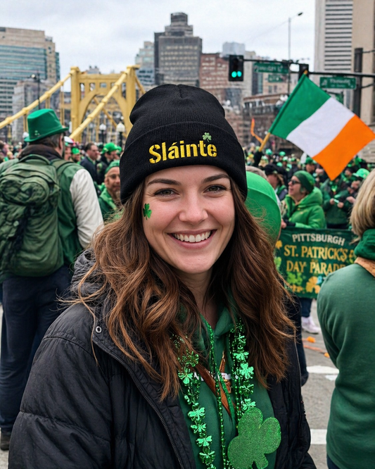 Slainte Shamrock Embroidered Beanie | Pittsburgh Yinzer Inspired Irish Hat | Black & Gold Style Winter Cap | St Patricks Day Gift