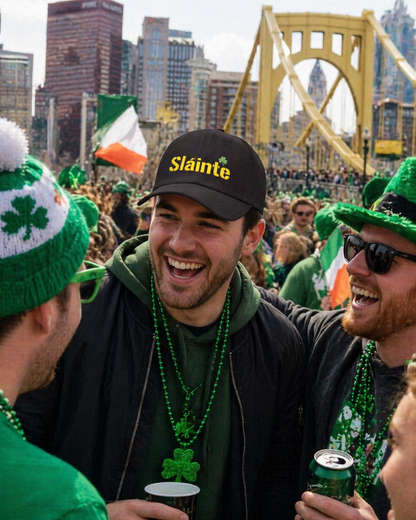 Slainte Shamrock Embroidered Dad Hat | Pittsburgh Yinzer Inspired Irish Cap | Black & Gold Style Baseball Hat | St Patricks Day Gift
