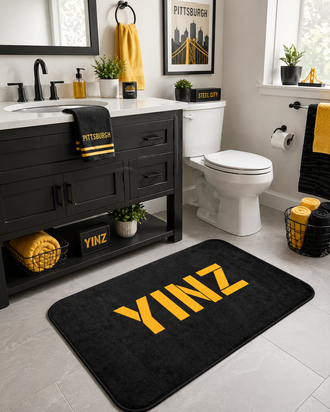 YINZ Bath Mat, Pittsburghese Bathroom Rug, Black and Gold Yinzer Decor, Pittsburgh Bathroom Mat, Funny Pittsburgh Housewarming Gift