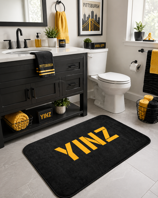 YINZ Bath Mat, Pittsburghese Bathroom Rug, Black and Gold Yinzer Decor, Pittsburgh Bathroom Mat, Funny Pittsburgh Housewarming Gift