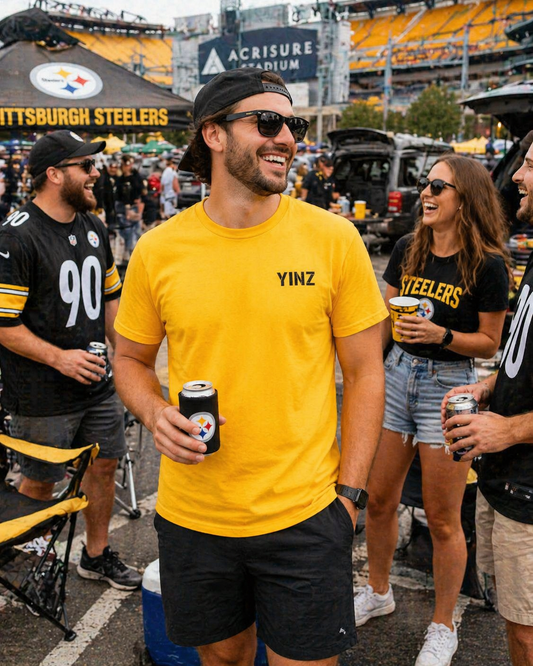 Steeler Gold Embroidered T-Shirt YINZ in Black Thread (Left Chest) | Pittsburghese Yinzer Tee | Steel City Pride