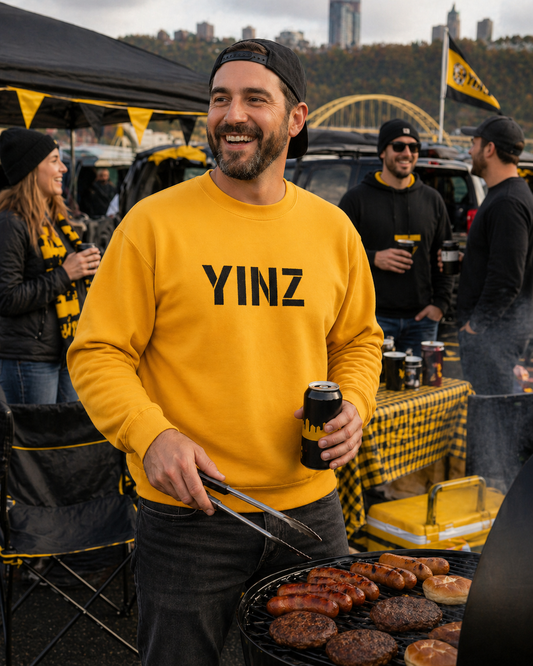 Steeler Gold Embroidered Sweatshirt YINZ in Big Black Letters | Pittsburghese Crewneck | Yinzer Gift