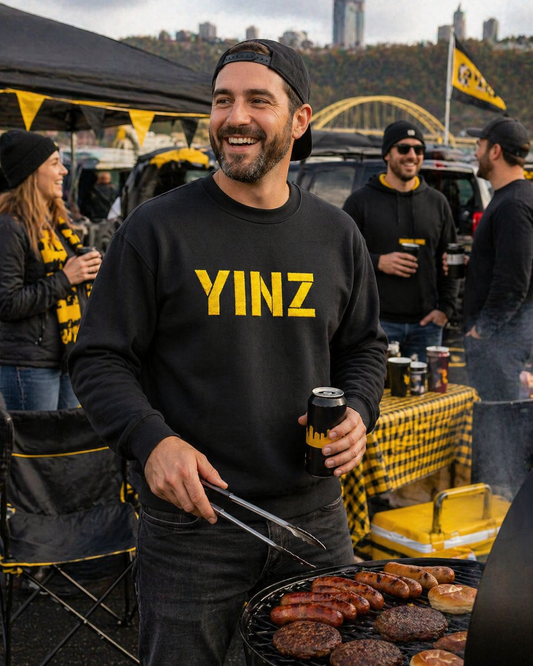 Black YINZ Embroidered Crewneck Sweatshirt, Pittsburghese Apparel, Gold Stitching, Steel City Gift, Unisex Cozy Sweater