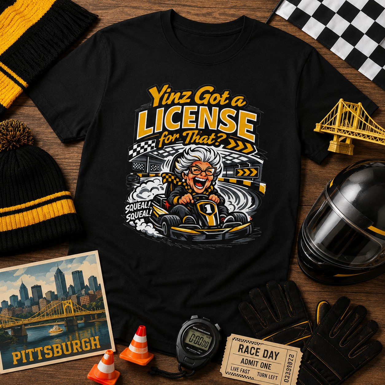 Yinz Got a License for That Shirt, Funny Pittsburgh Go Kart T-Shirt, Sarcastic Yinzer Racing Tee, Black and Gold Burgh Gift