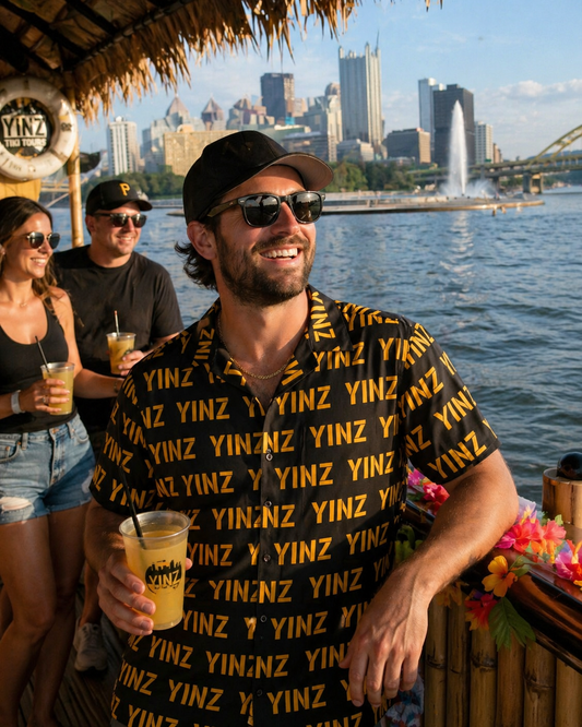 YINZ Hawaiian Shirt, Pittsburghese Aloha Button Up, Black & Gold Yinzer Pattern, PGH Vacation Shirt, Funny Pittsburgh Gift