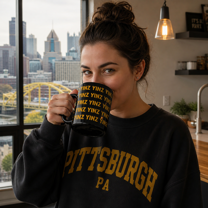 Yinz Pittsburgh Mug 15oz | Black Coffee Mug | Pittsburghese Repeating Pattern | Yinzer Gift | Steel City Coffee Cup