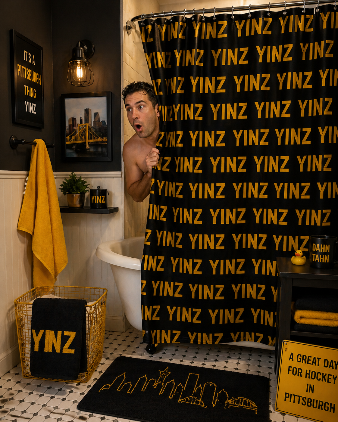 YINZ Shower Curtain Pittsburghese Pattern in Gold Yellow | Pittsburgh Bathroom Decor | Yinzer Gift | Steel City Home