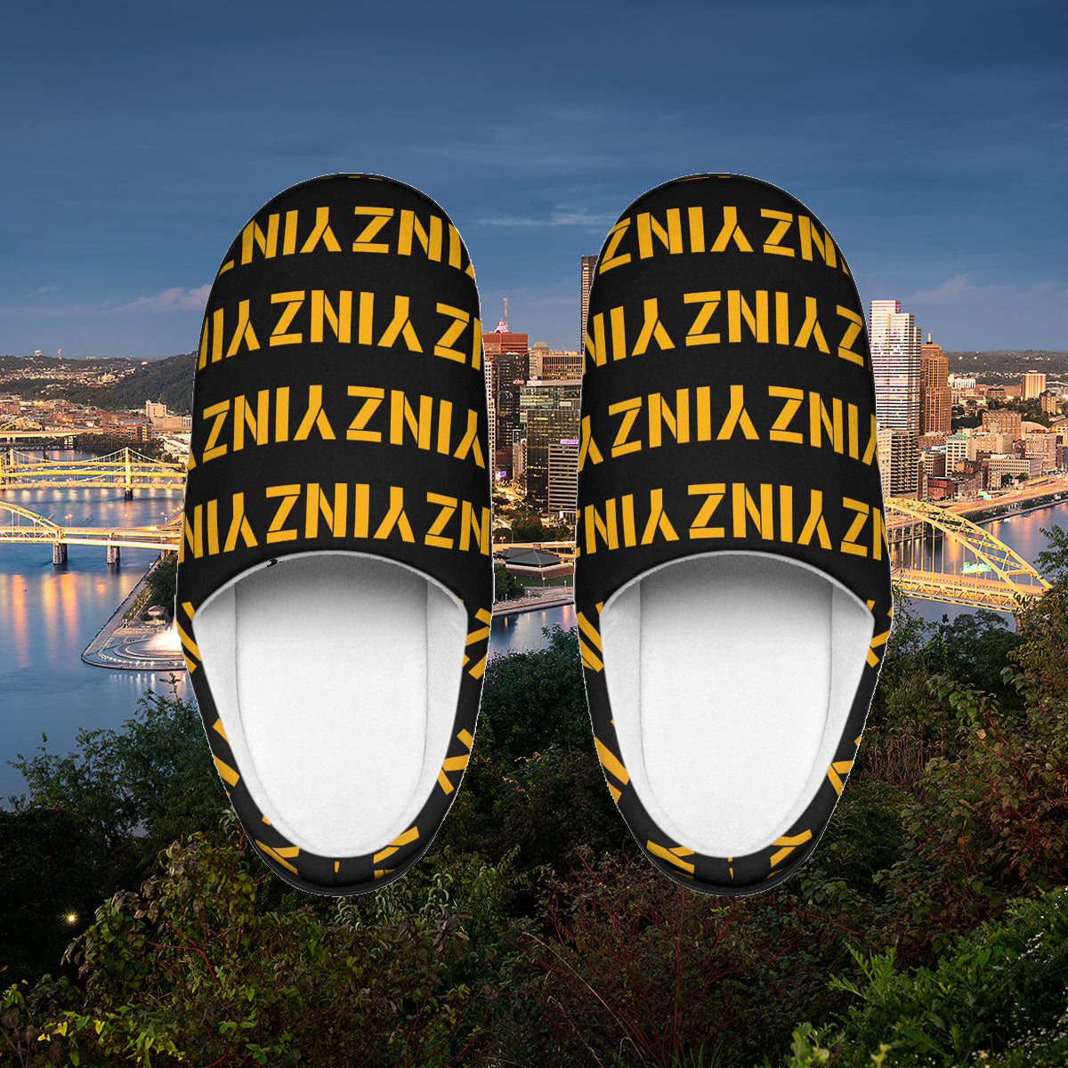 Yinz Mens Indoor Slippers, Pittsburghese Pattern House Shoes, Funny Pittsburgh Slippers, Yinzer Gift, Black and Gold Lounge Slippers