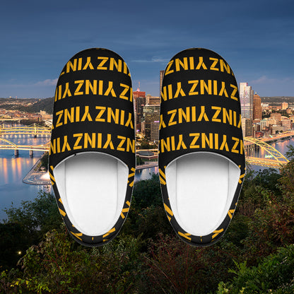 Yinz Mens Indoor Slippers, Pittsburghese Pattern House Shoes, Funny Pittsburgh Slippers, Yinzer Gift, Black and Gold Lounge Slippers