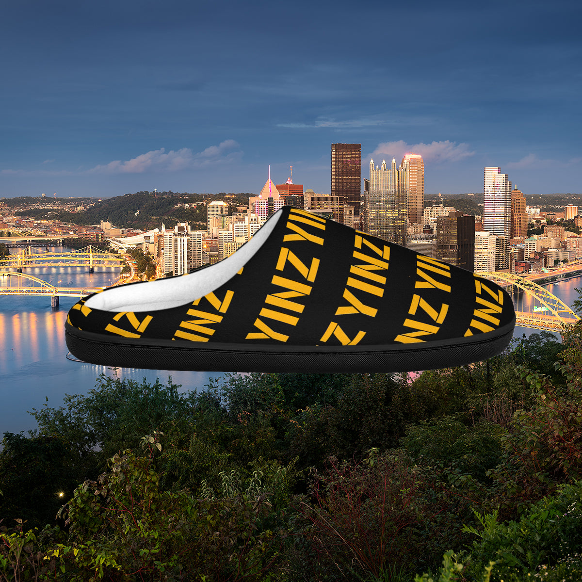 Yinz Mens Indoor Slippers, Pittsburghese Pattern House Shoes, Funny Pittsburgh Slippers, Yinzer Gift, Black and Gold Lounge Slippers