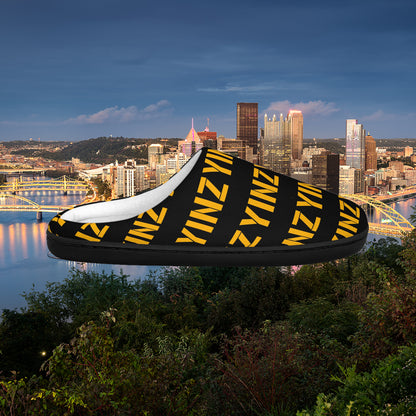 Yinz Mens Indoor Slippers, Pittsburghese Pattern House Shoes, Funny Pittsburgh Slippers, Yinzer Gift, Black and Gold Lounge Slippers