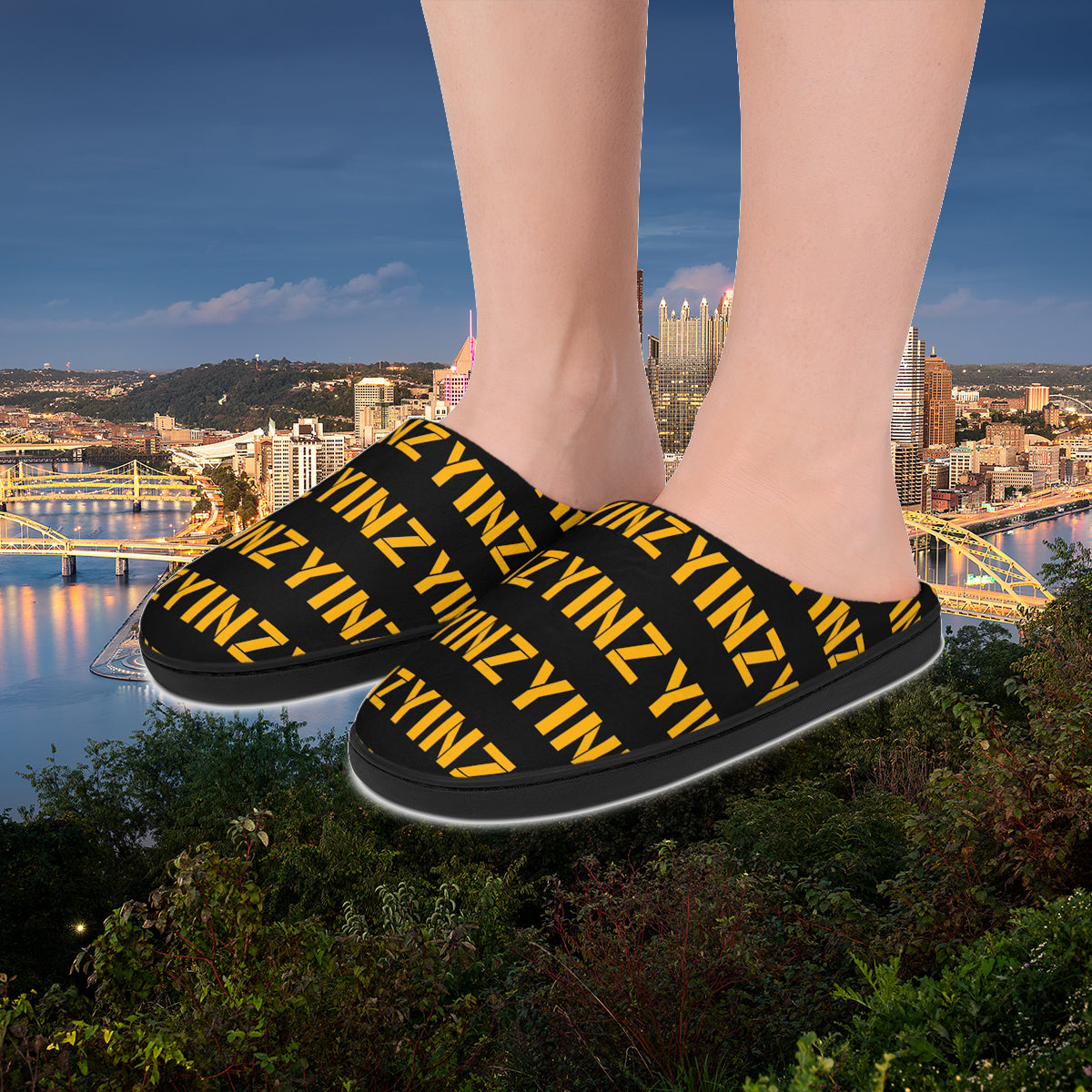 Yinz Mens Indoor Slippers, Pittsburghese Pattern House Shoes, Funny Pittsburgh Slippers, Yinzer Gift, Black and Gold Lounge Slippers