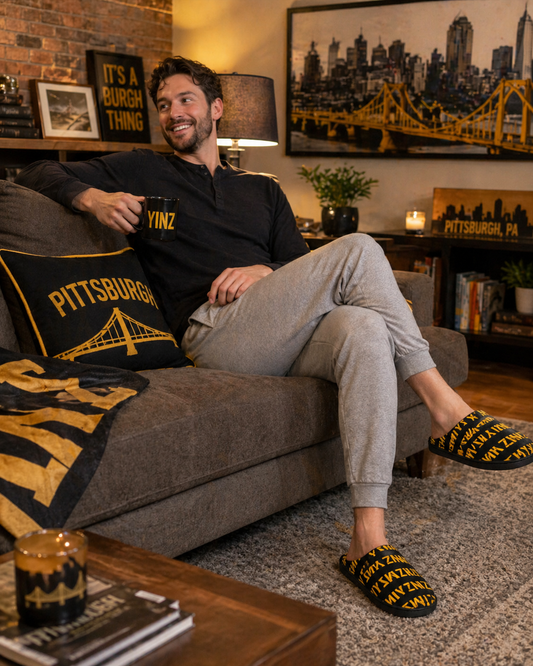 Yinz Mens Indoor Slippers, Pittsburghese Pattern House Shoes, Funny Pittsburgh Slippers, Yinzer Gift, Black and Gold Lounge Slippers