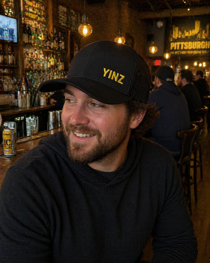 YIINZ Trucker Hat Embroidered | Pittsburghese Snapback Cap | Yinzer Humor | Black & Gold Style | PGH Gift