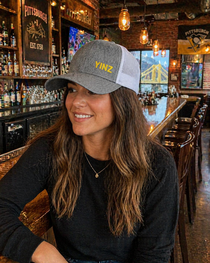 YIINZ Trucker Hat Embroidered | Pittsburghese Snapback Cap | Yinzer Humor | Black & Gold Style | PGH Gift