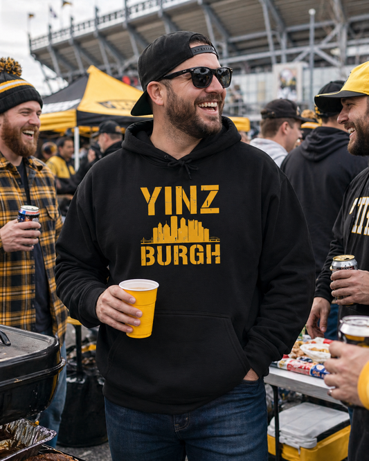 YINZ BURGH Pittsburgh Skyline Hoodie | Steel City Yinzer Pullover | PGH Downtown Graphic Sweatshirt