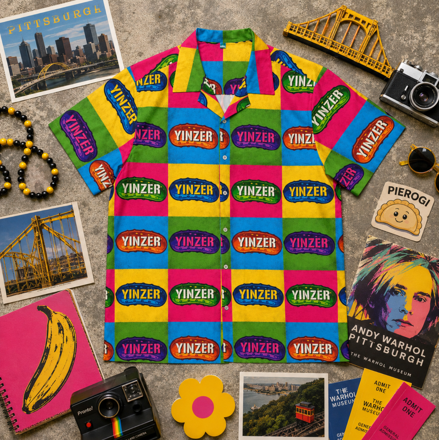Yinzer Pickle Hawaiian Shirt, Pittsburgh Pop Art Button Up, Funny Pittsburghese Vacation Shirt, Pickle Pattern Party Top
