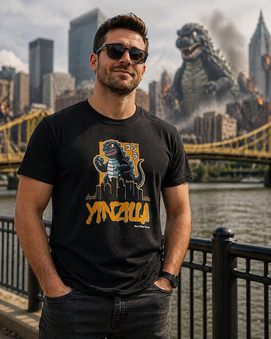 YINZILLA Black and Gold T-Shirt Giant Lizard & Pittsburgh Skyline Silhouette Funny Yinzer PGH Monster Tee