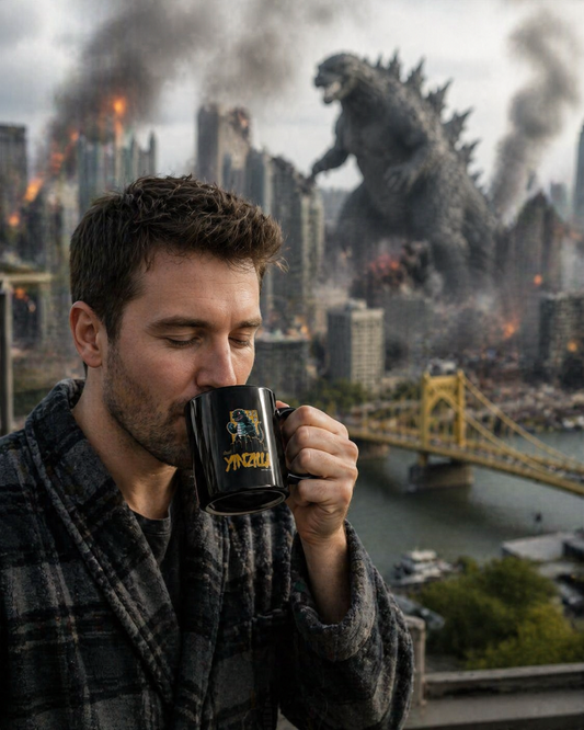YINZILLA Coffee Mug 15oz | Pittsburgh Yinz Parody Godzilla Mug | Yinzer Funny PGH Gift | Black & Gold Humor Cup