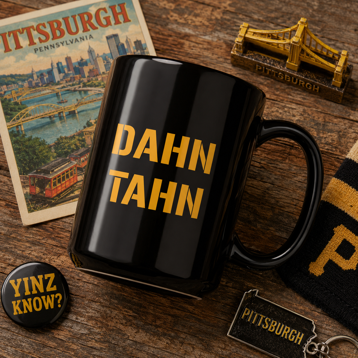 Pittsburghese DAHN TAHN Mug | Funny Pittsburgh Coffee Cup | Yinzer Gift | Black PGH Mug
