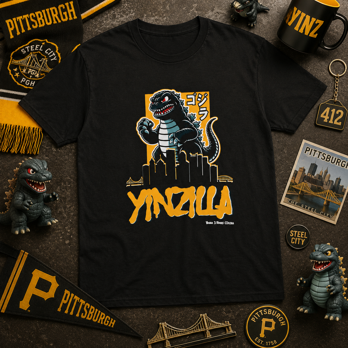 YINZILLA Black and Gold T-Shirt Giant Lizard & Pittsburgh Skyline Silhouette Funny Yinzer PGH Monster Tee