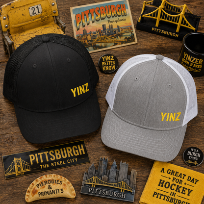 YIINZ Trucker Hat Embroidered | Pittsburghese Snapback Cap | Yinzer Humor | Black & Gold Style | PGH Gift