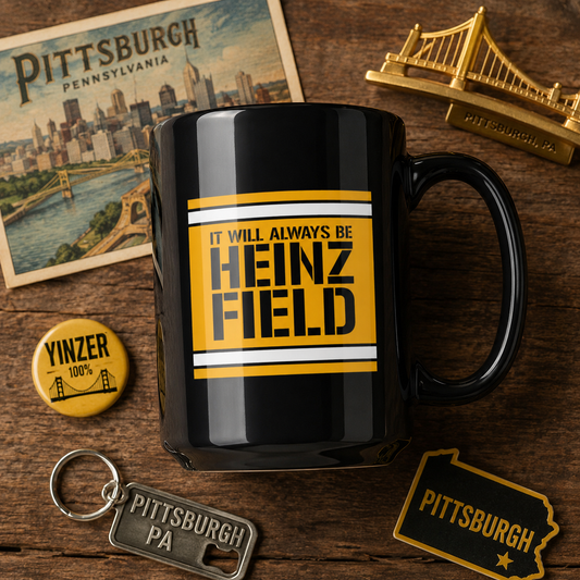 It Will Always Be Heinz Field 15 oz Coffee Mug | Pittsburgh Football Fan Mug | Yinzer Game Day Coffee Cup | Black and Gold Stadium Name Mug
