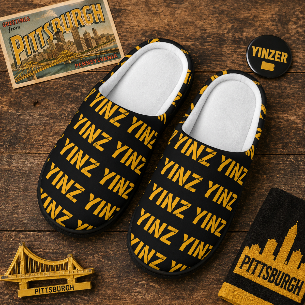 Yinz Mens Indoor Slippers, Pittsburghese Pattern House Shoes, Funny Pittsburgh Slippers, Yinzer Gift, Black and Gold Lounge Slippers