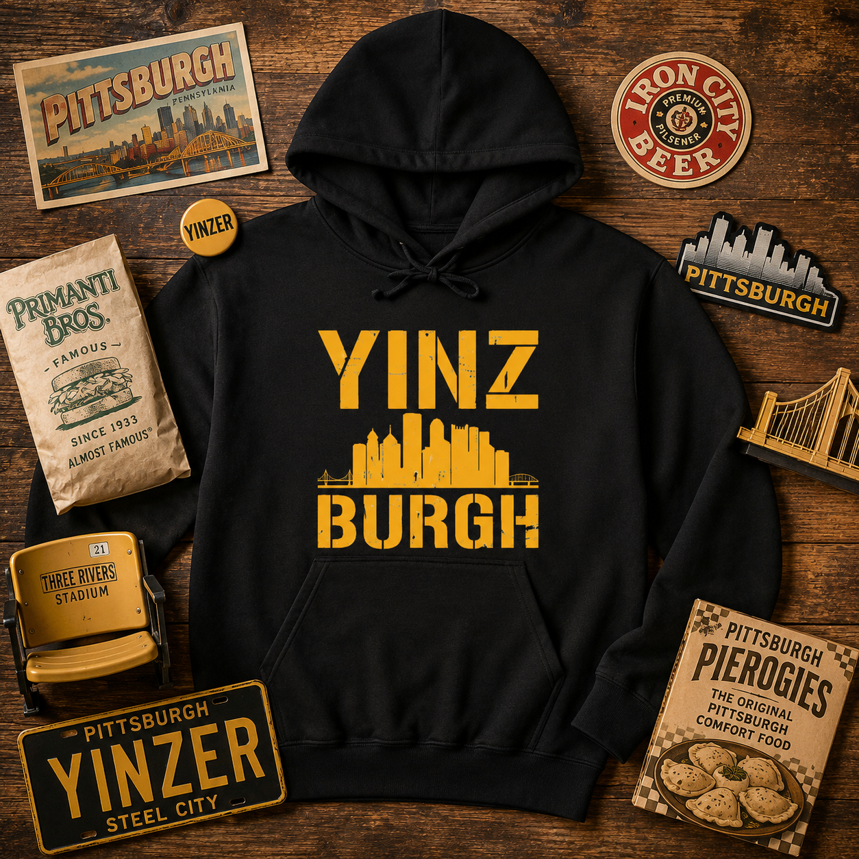 YINZ BURGH Pittsburgh Skyline Hoodie | Steel City Yinzer Pullover | PGH Downtown Graphic Sweatshirt