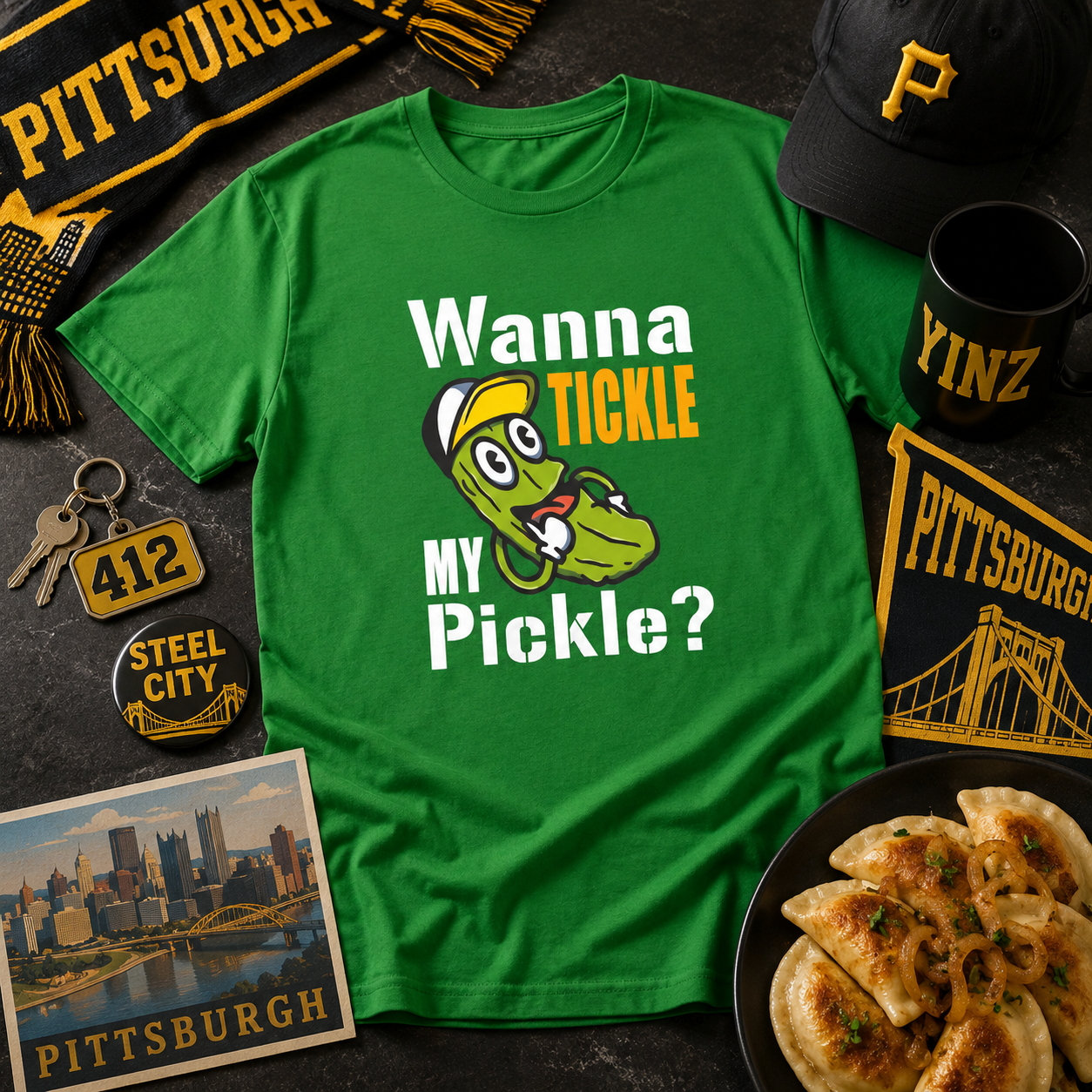 Wanna Tickle My Pickle Shirt  Black & Gold Pittsburgh Hat Funny Yinzer Tee