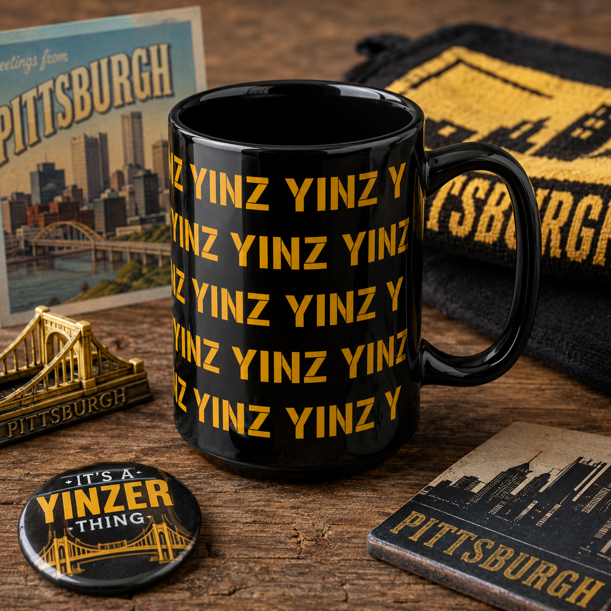Yinz Pittsburgh Mug 15oz | Black Coffee Mug | Pittsburghese Repeating Pattern | Yinzer Gift | Steel City Coffee Cup