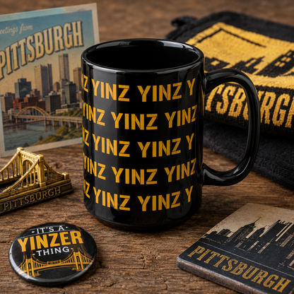 Yinz Pittsburgh Mug 15oz | Black Coffee Mug | Pittsburghese Repeating Pattern | Yinzer Gift | Steel City Coffee Cup