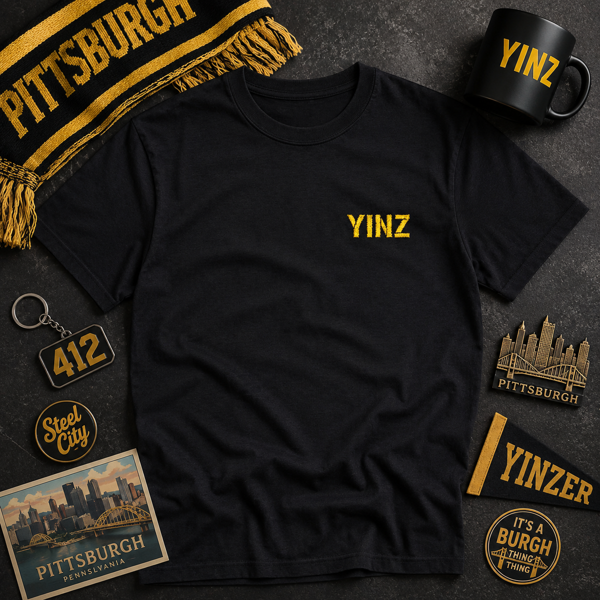 Black Embroidered T-Shirt YINZ in Gold Thread (Left Chest) | Pittsburghese Yinzer Tee | Steel City Pride